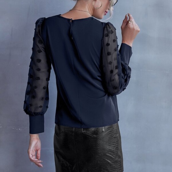 Navy blue Swiss Dot Sheer Sleeve Chic Blouse Work Minimalist - Picture 3 of 8